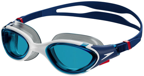 Speedo Biofuse 2.0 Schwimmbrille – ergonomische Taucherbrille Erwachsene – Antibeschlag-UV-Schutz – professionelle Schwimmbrille mit Druckknopfverschluss – superweiche Dichtung – blau weiß