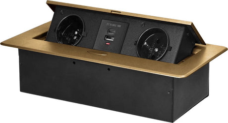 Orno Steckdosenleiste mit USB – Pop-Up-Steckdosenleiste mit 2 Steckdosen und USB-A USB-C – Einbau-Verteilerstecker mit Edelstahl-Finish – Verteilerbox ohne Kabel – für max. 3680 Watt – Stifterde – Messing