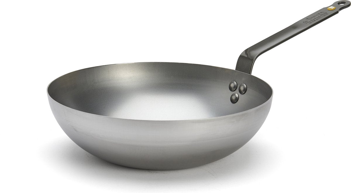 Debuyer de Buyer Mineral B Wokpfanne 28 cm – breiter Boden – Stahlblech – PFAS-frei – induktionsgeeignet – hergestellt in Frankreich