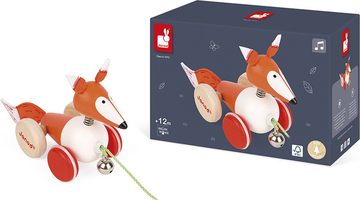 Janod Zigolos - Ziehfigur Fuchs - Spielfigur aus Holz - Kabellänge: 50 cm - geeignet ab 1 Jahr