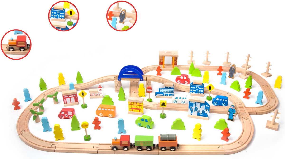 Classic World Holzeisenbahn-Set, 110-teilig.