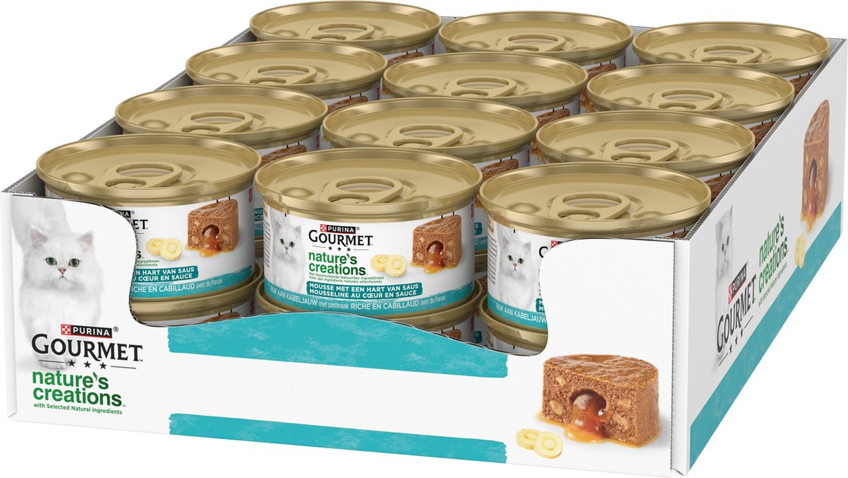 Gourmet Nature's Creations Mousse – 24 x 85 g – Kabeljau und Pastinaken – Herz aus Soße – Nassfutter für Katzen