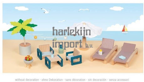 Goki Puppenhausmöbel: Outdoor-Möbelset Mallorca, 17-teilig, Liege 13x6x2,2cm, Holz und Textil, 3+