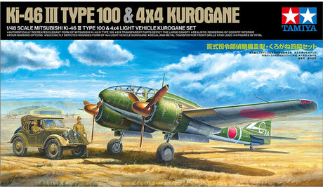 Tamiya Modellbausatzauto – 25217 Mitsubishi Ki-46 III Typ 100 und 4x4-Leichtfahrzeug Kurogane-Set aus Kunststoff – 1:48 – Modellbausatz