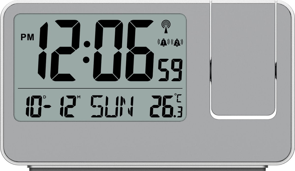 Technoline wt 534 – Wecker – Projektionswecker (180°) – digital – Rechteck – funkgesteuerte Zeitanzeige – 12 24h – Datumsanzeige – Innentemperatur – 12 24 – 2 Alarme – Schlummerfunktion – Kunststoff – Zahlen – silberfarben