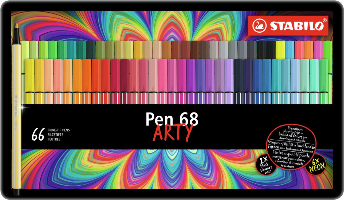 Stabilo Pen 68 Arty Metall Box Filz -Tip Stifte, 66st.