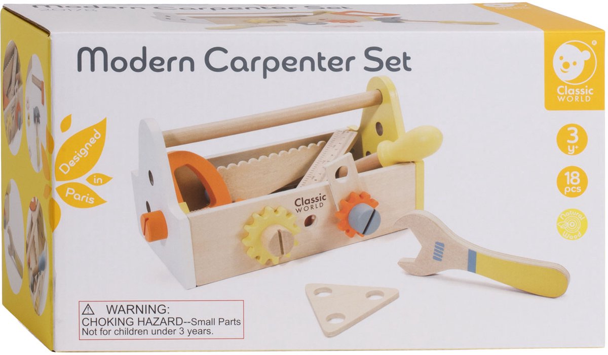 Classic World Schreiner-Set aus Holz mit Werkzeugkasten, 18-tlg.