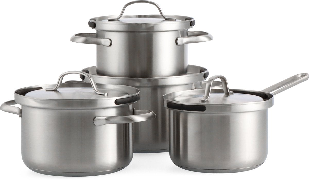 Bk vesta 4-delige pannenset 16 18 20cm - 1.8 2.5 3.5l- pfas-vrije antikleeflaag - rvs pannenset - pannenset inductie - ovenbestendig tot 220°c - met deksel - zilver