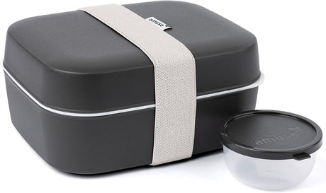 Amuse bento lunchbox 3-in-1 charcoal - brooddoos met elastiek en lekvrij sauspotje - broodtrommel - bpa-vrij - zwart - 900ml + 600ml + 85ml