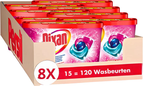 Dixan – Drillinge Farbbox – Waschkapseln – kraftvolle Formel – gegen Flecken – farbige Wäsche – Vorteilspack – 8 x 15 Wäschen