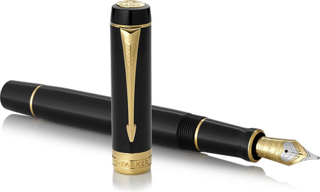 Parker Duofold Centennial Füllfederhalter | klassisches Schwarz mit goldenen Details | mittlere Feder aus reinem Gold | schwarze Tinte und Konverter | Premium-Geschenkbox