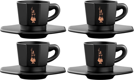 Achteckiges Espressotassen-Set von Bialetti – 4 Tassen mit Untertassen – 75 ml – mattschwarzes Porzellan mit goldfarbenen Details