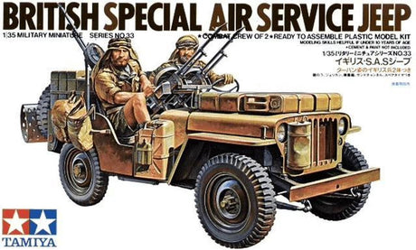 Tamiya Modellbausatz Militärfahrzeuge – 35033 British Special Air Service Jeep mit 2 Figuren aus Kunststoff – 1:35 – Modellbau