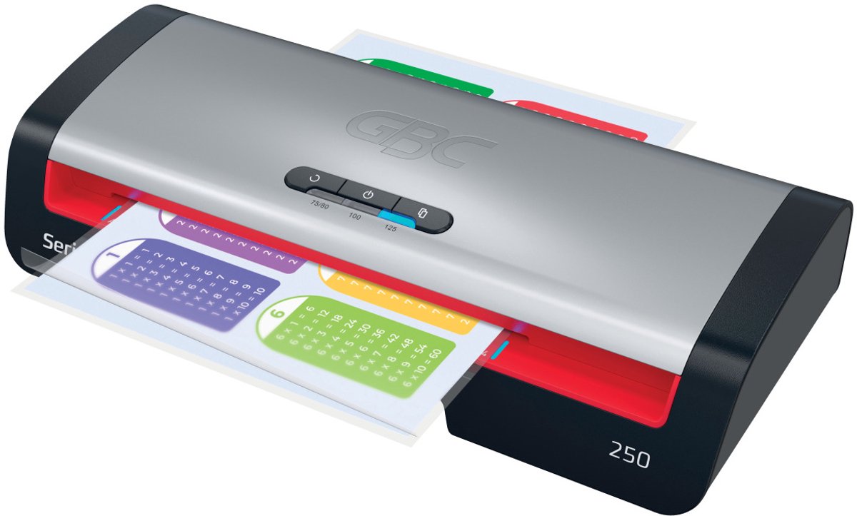 GBC 250 Office A4-Laminiergerät – geeignet für 75–125 Mikron – inklusive Starterpaket Laminierfolien – Silber, Schwarz, Rot