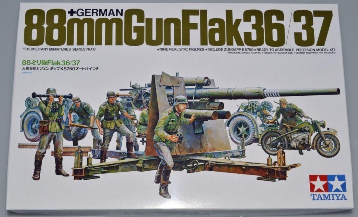 Tamiya Modellbausatz Militärfahrzeuge – 35017 Deutsche Flak 8,8 Kanone mit Motorrad aus Kunststoff – 1:35 – Modellbau