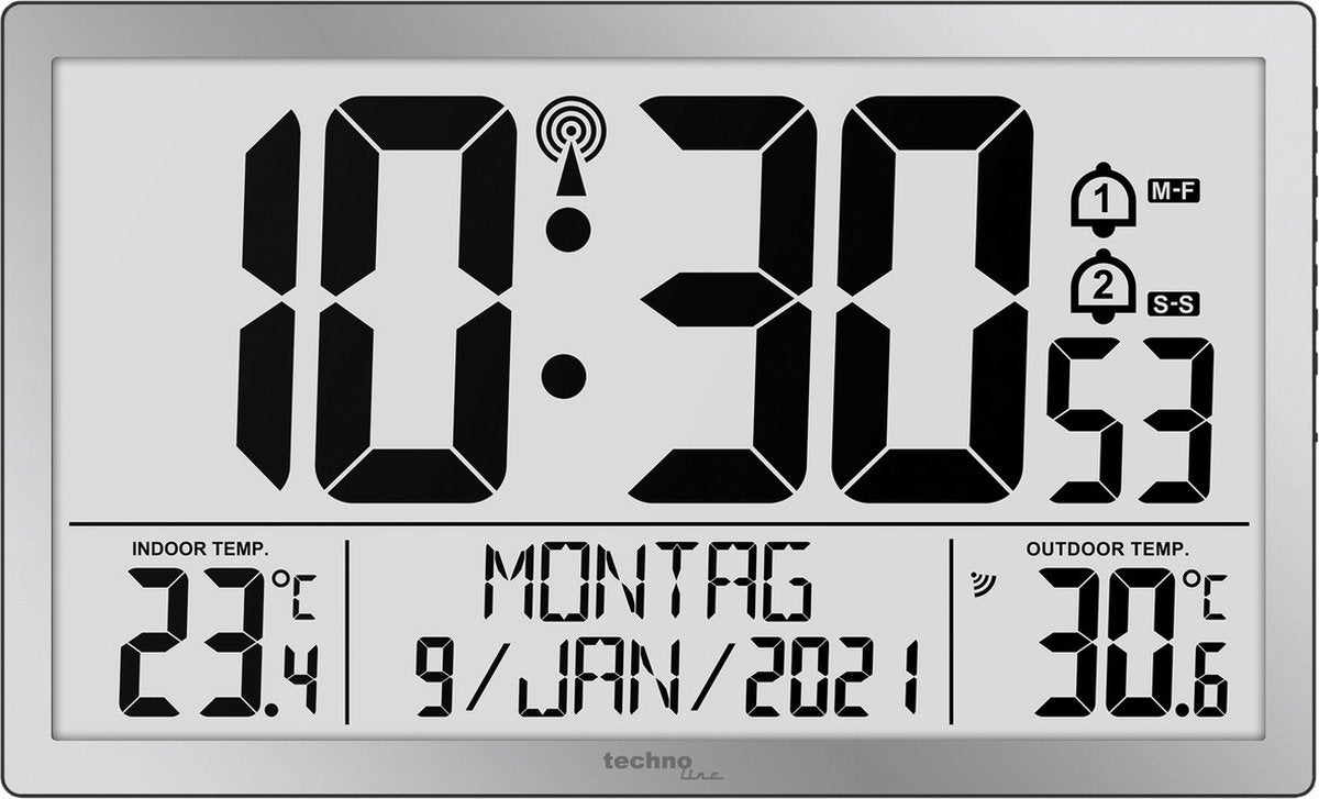 Technoline ws 8113 – Wanduhr – digital – rechteckig – funkgesteuerte Zeitanzeige und Bedienungsanleitung – 12 24 – Datumsanzeige – 7 Sprachen – Innen- und Außentemperatur – 2 Alarme – Schlummerfunktion – Kunststoff – Zahlen – silberfarben