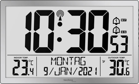 Technoline ws 8113 – Wanduhr – digital – rechteckig – funkgesteuerte Zeitanzeige und Bedienungsanleitung – 12 24 – Datumsanzeige – 7 Sprachen – Innen- und Außentemperatur – 2 Alarme – Schlummerfunktion – Kunststoff – Zahlen – silberfarben
