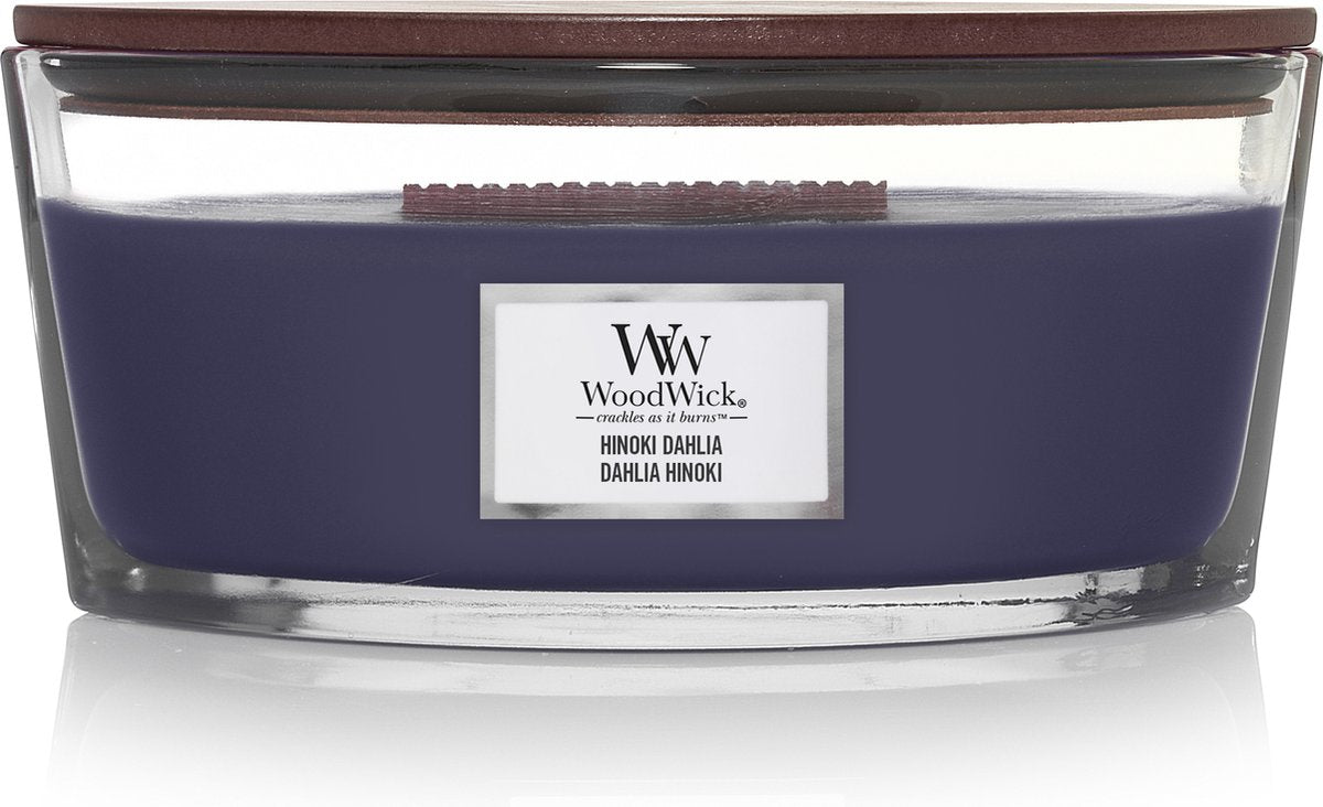 Woodwick Heartwick Flame Ellipse Duftkerze – Hinoki Dahlia – 50 Brennstunden