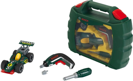 Kleinspielzeug Bosch Mini Ixolino II Grand Prix Koffer – abnehmbarer Rennwagen, Akkuschrauber und Schraubenzieher – inkl. Licht- und Soundeffekte - grün schwarz