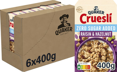 Quaker Cruesli ohne Zuckerzusatz Rosinen-Haselnuss – Frühstücksflocken – 6 x 400 Gramm