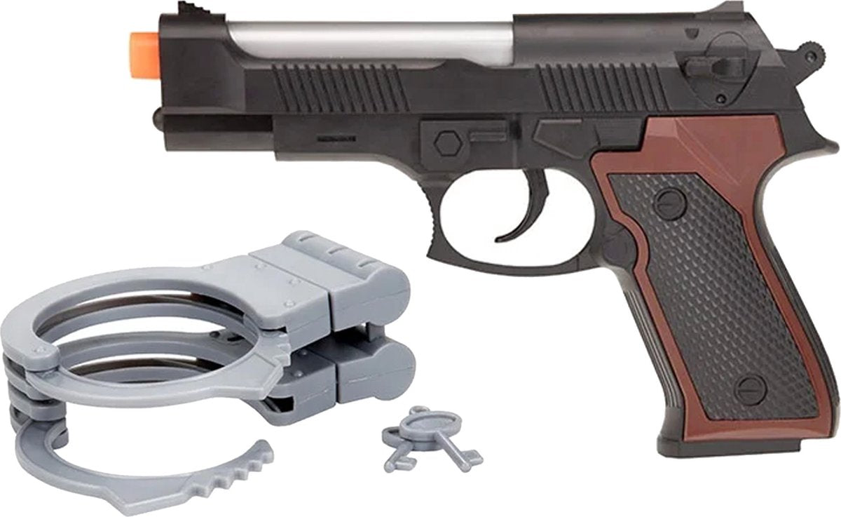 Die Polizei legte Handschellen und eine Waffe mit Licht und Ton an