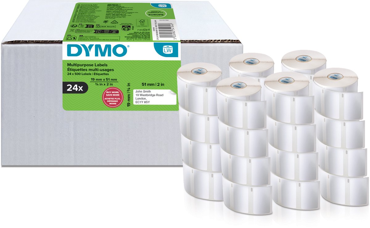 Dymo original kleine Mehrzwecketiketten für Etikettendrucker | 19mm x 51mm | 24 mit je 500 Etiketten (12.000 selbstklebende Etiketten) | leicht zu entfernende Etiketten | für Labelwriter-Etikettendrucker