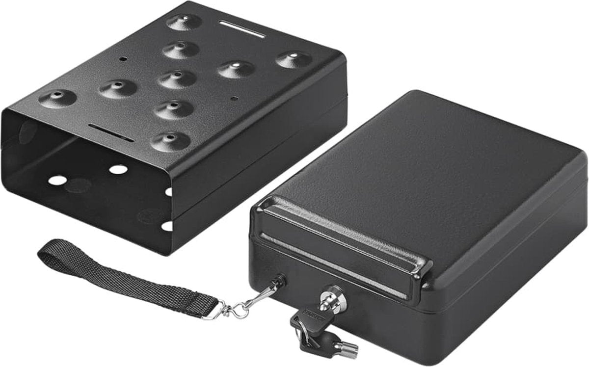 Proplus Stahltresor mit Schieber – 22,5 x 16,5 x 8,5 cm – für Auto, Wohnwagen, Wohnmobil – Tresor – Wohnwagentresor – Reisetresor – Sicherheit – Wertsachen – tragbar – Diebstahlschutz – mit Schrauben und Dübeln – inklusive 2 Schlüssel – Schwarz