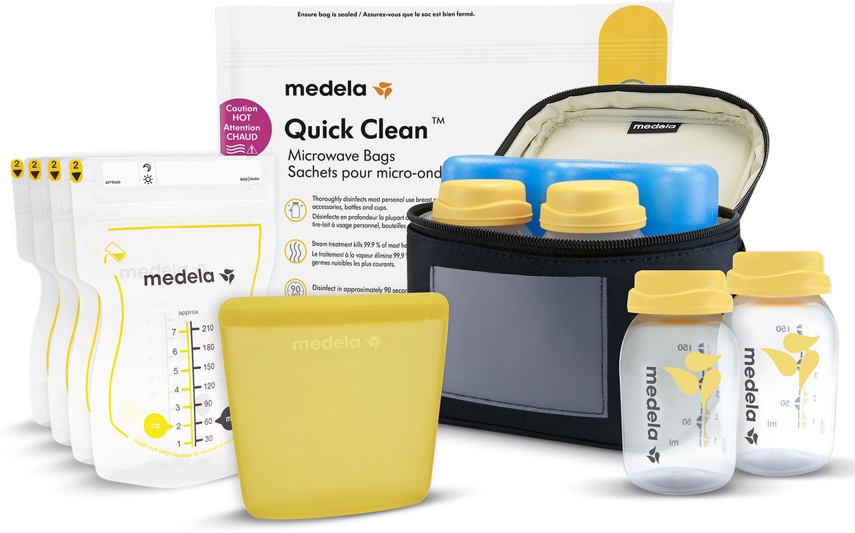Medela All-in-One-Muttermilch-Aufbewahrungsset mit 150-ml-Flaschen, Muttermilch-Aufbewahrungsbeuteln mit Ausgießer, wiederverwendbaren Aufbewahrungsbeuteln, Quick Clean™ Mikrowellen-Sterilisationsbeutel und Kühlbeutel mit geformtem Kühlelement.