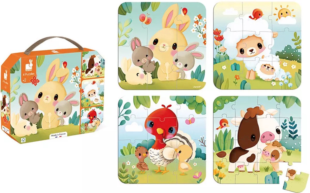 Janod - Papppuzzle - 4 Bauernhof-Puzzles mit 6, 9, 12 und 16 Teilen