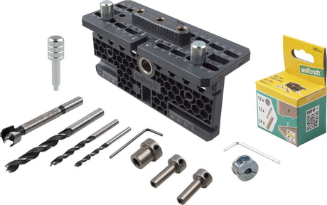 Wolfcraft - Exzenter-Möbelverbindungsset 53-teilig - Bohrschablone für Plattenverbinder ø15 mm - zerlegbar - Möbelbau - 4665000