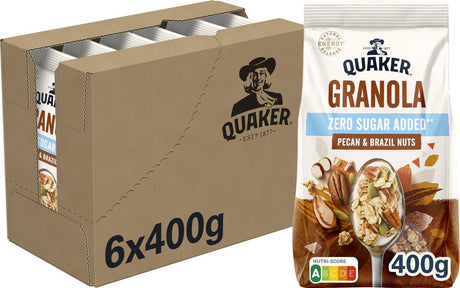 Quaker Müsli ohne Zuckerzusatz, Pekannüsse, Paranüsse – Frühstücksflocken – 6 x 400 Gramm