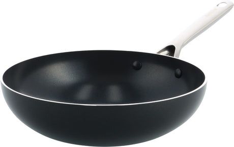 Kochstar Night Keramik-Wok-Pfanne ohne Deckel – 28 cm – 3,69 l – PFAS-frei – Induktions-Wok-Pfanne – Induktionspfanne – spülmaschinenfest – ofenfest bis 200 °C – Keramik-Antihaftbeschichtung – Edelstahlgriff – Edelstahlrand – Schwarz