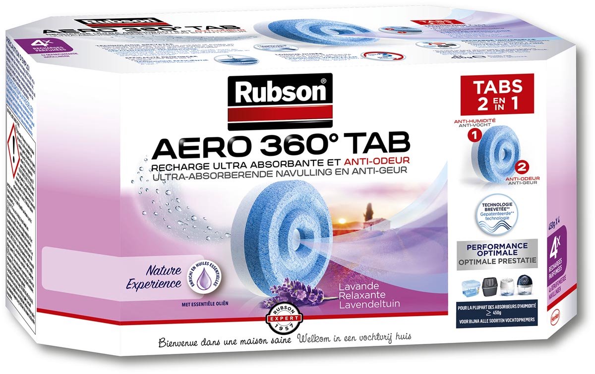 Rubson aero 360 navullingen lavendel 4 stuks | luchtontvochtiger navulling | vochtopnemer navul tabs | kamer ontvochtiger vochtopnemer tabs | badkamer luchtontvochter.