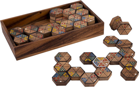 Engelhart hexa domino – houten strategiespel – zeshoekig dominospel – hexagon denkspel – logisch gezelschapsspel – acaciahout