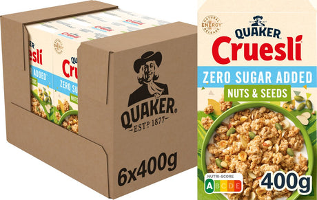 Quaker Cruesli ohne Zuckerzusatz, Nüsse, Samen – Frühstücksflocken – 6 x 400 Gramm