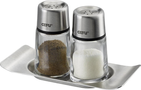 Gefu Brunch Salz- und Pfefferstreuer-Set – Glasstreuer mit Untersetzer aus Edelstahl – spülmaschinenfest
