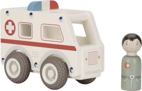 Little dutch houten ambulance speelgoedauto met houten figuur.