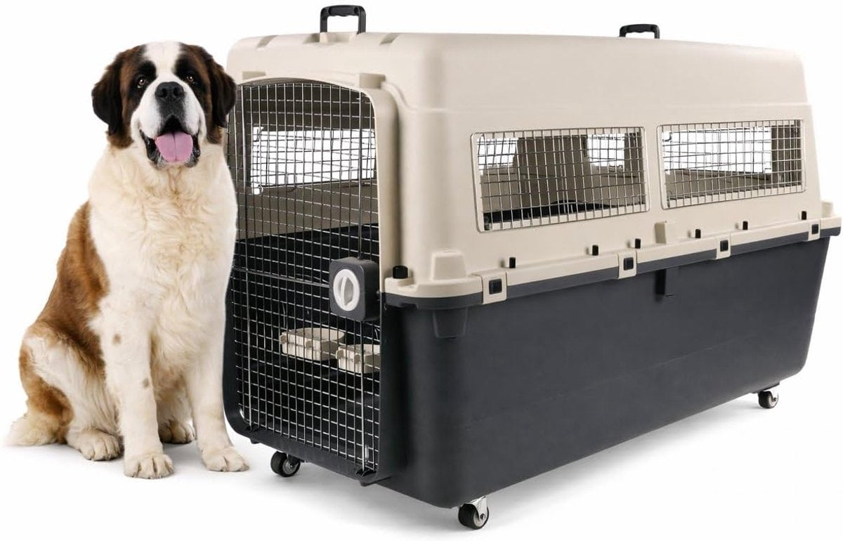 Flamingo reisbench hond – autobench – transportbox hond – fomad donkergrijs xxxl (82x122x88,5 cm) – kunststof – met metalen deur draaislot – inclusief eet- en drinkpot wielen –