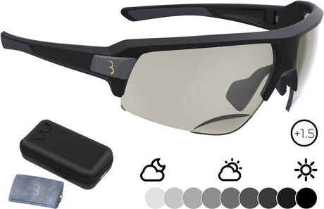 Bbb cycling fietsbril op sterkte impulse reader ph - fietsbril meekleurende glazen - fietsbril heren en dames met fotochromatische glazen op sterkte - sportbril met leesgedeelte +1.5 - mat zwart - bsg-64ph