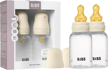 Bibs Babyflasche 150 ml Naturlatex-Gummisauger Packung 2 Stück – Anti-Kolik, BPA-frei, runder Sauger, langsamer Durchfluss, geringes Gewicht und leicht zu reinigen, geeignet für Neugeborene ab 0 Jahren – Elfenbein