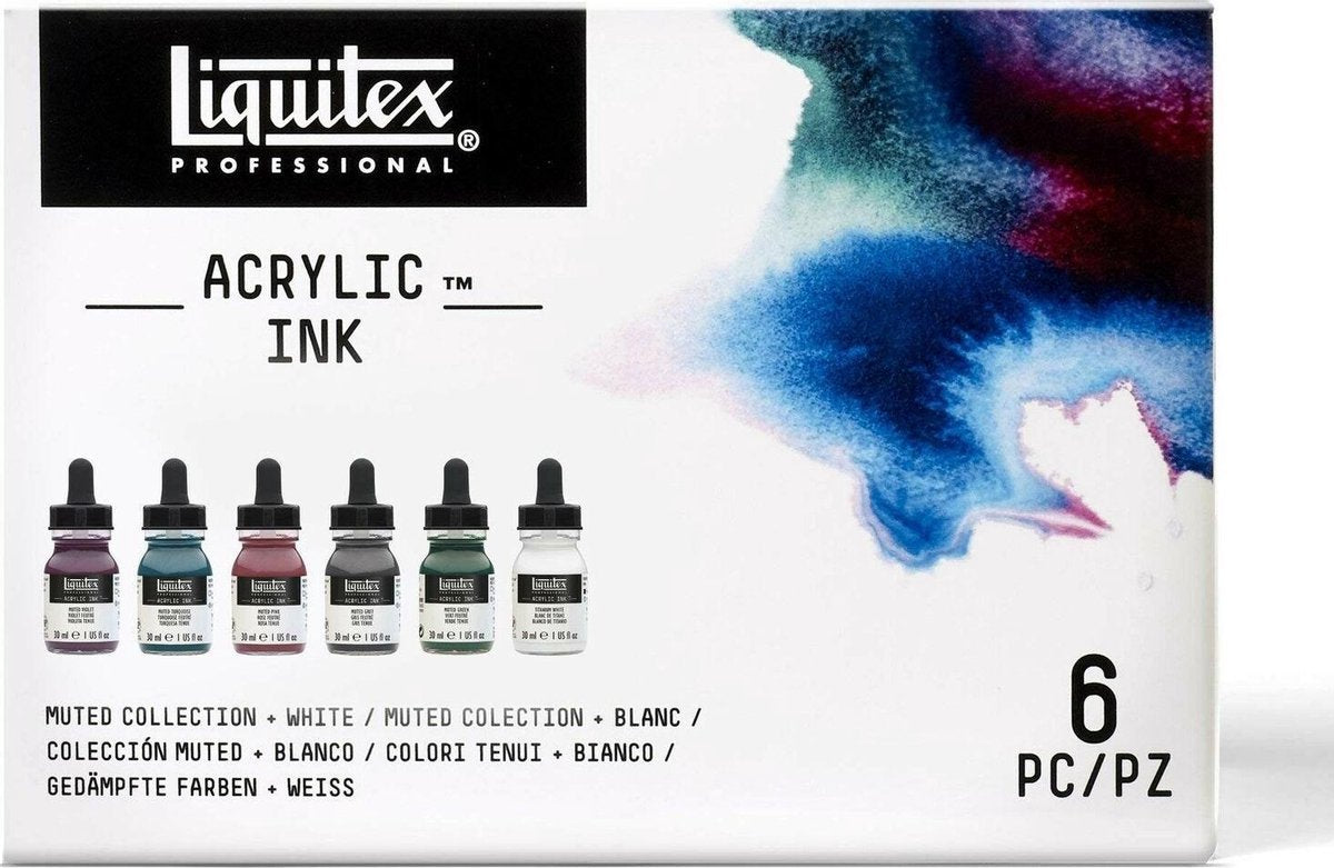 Liquitex 3699355 professionelles Acryltintenset – Muted Collection + Titanweiß 6×30ml – hochpigmentierte, wasserbeständige Acryltinte