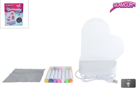 Glamour van Mähne Leuchttafel Herz mit USB-Anschluss und 7 Markern 16cm.