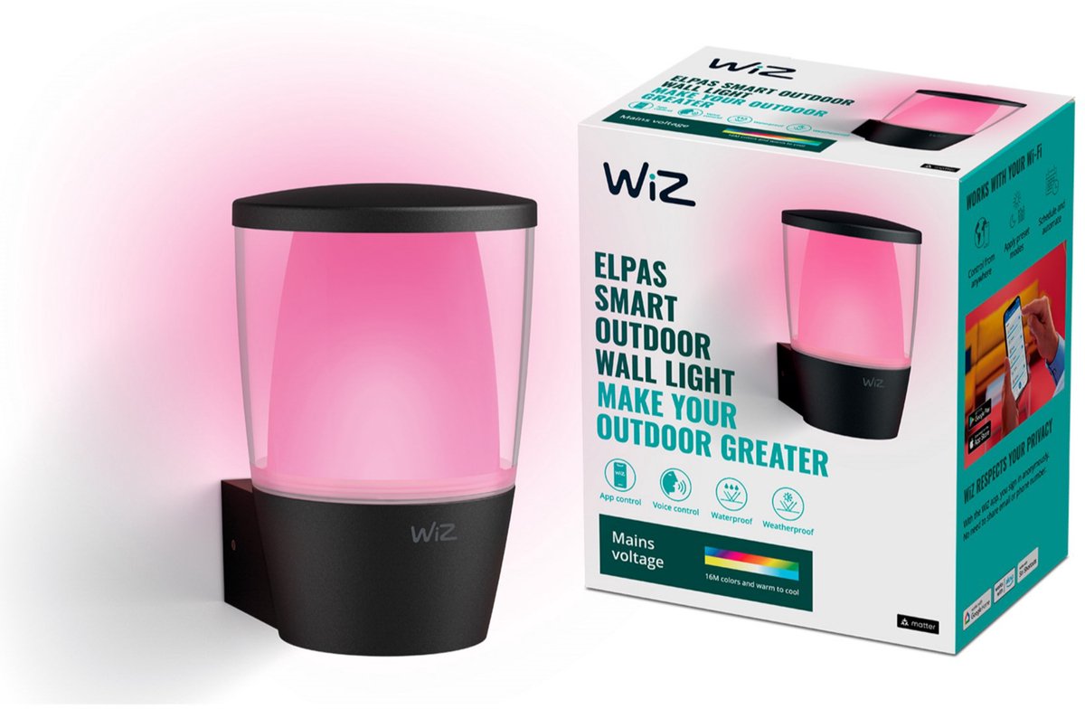 Wiz buitenlamp - elpas wandlamp - gekleurd en wit licht - slimme led verlichting - 230v - zwart