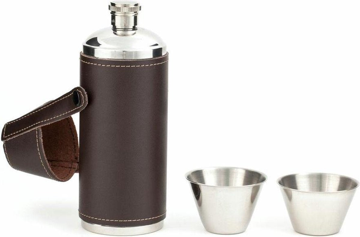 Kikkerland Wasserflasche – Feldflasche – inklusive 2 Schnapsgläser – Lederhülle – ideal zum Wandern, Picknicken und Camping