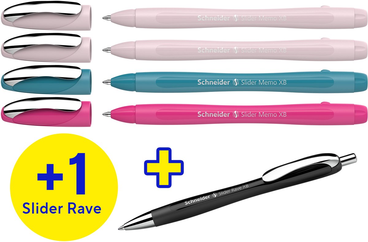 Schneider Schreibgeräte Schneider Kugelschreiber – Slider Memo – Box mit 4 + 1 gratis Slider Rave – S-150255