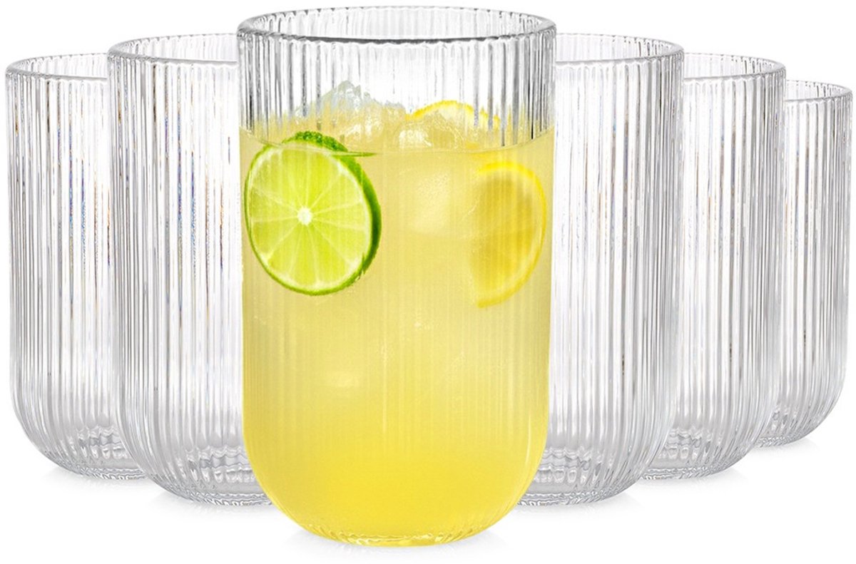 Vilde serie - longdrinkglas - 400ml - set van 6 - vaatwasserbestendig - geriﬂeerd glas