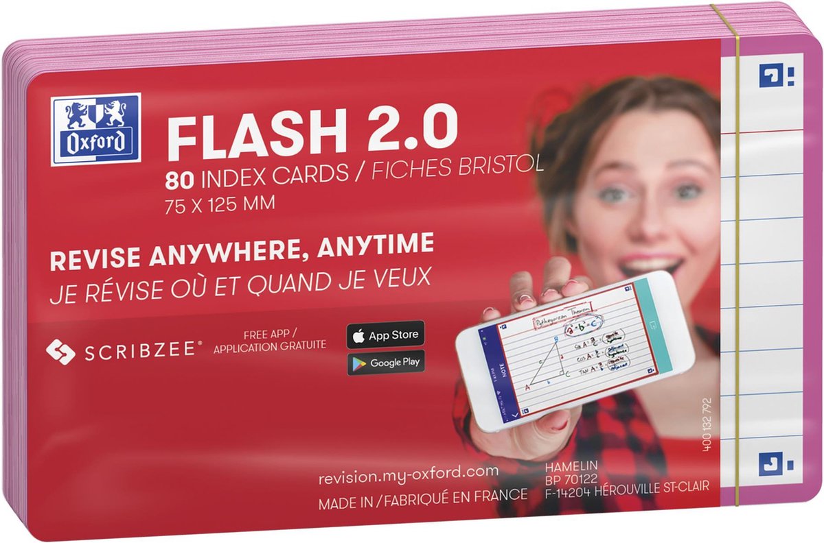 Oxford Flash 2.0 – Karteikarten – liniert – A7 – fuchsiafarbener Rand – 80 Stück