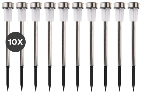 Grundig Solar-Gartenbeleuchtung – Gartenfackeln 10 Stück – Solar-Spike-Spot – Gartenlaternen mit weißem Licht – IP44 wasserdicht – Akkulaufzeit 6–8 Stunden – ø4,8 x 36,5 cm – Edelstahl