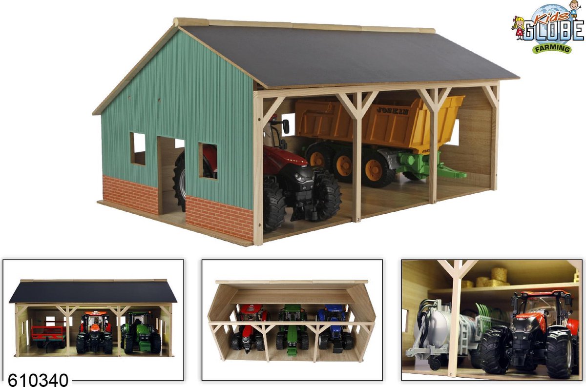 Kinderglobus-Landwirtschaftsschuppen aus Holz für 3 Traktoren, 1:16