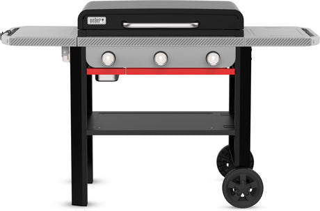 Weber slate plancha - 71 cm bakplaat - gasbarbecue - 3 branders - zwart - 2 robuuste wielen - 2 inklapbare zijtafels - 2 gereedschapshaken - deksel voor bescherming - bereikt tot 260 °c - porselein geëmailleerde bakplaat met anti-aanbaklaag